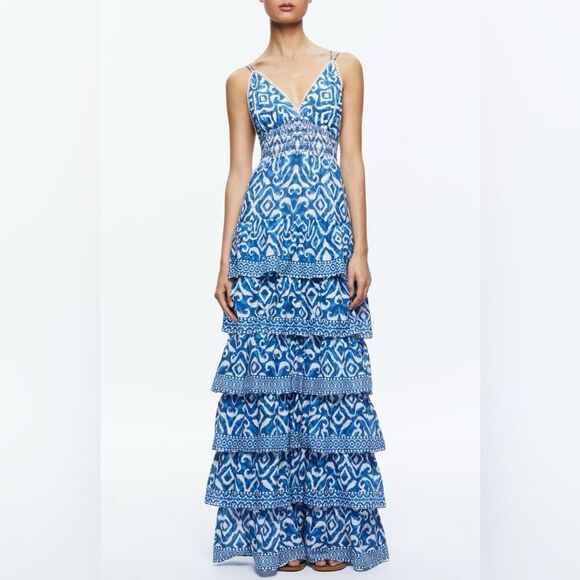 Alice + Olivia Imogene Blue White Ikat Tiered Maxi Dress Vacation Size 6 NWT - Picture 1 of 16